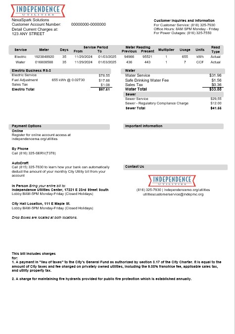 USA Missouri Independence Utilities business utility bill template in Word and PDF formats, version 2